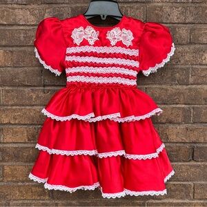 Vintage 80s/90s Red Ruffle White Lace Dress -Embroidered Roses Sz 5